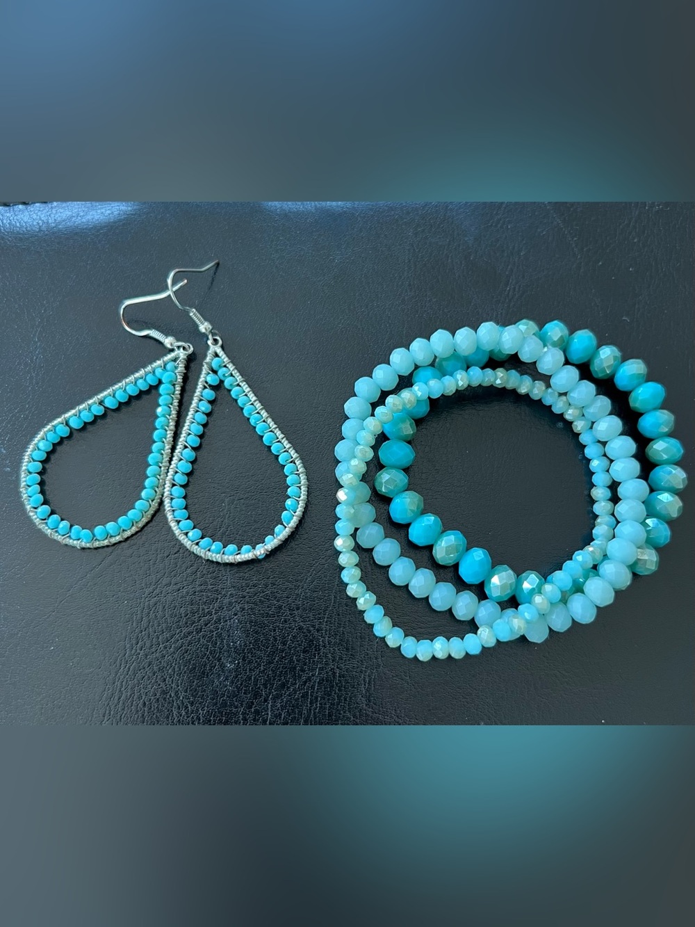 Turquoise-tone Beaded Teardrop Earrings and Stretch Bracelet Set